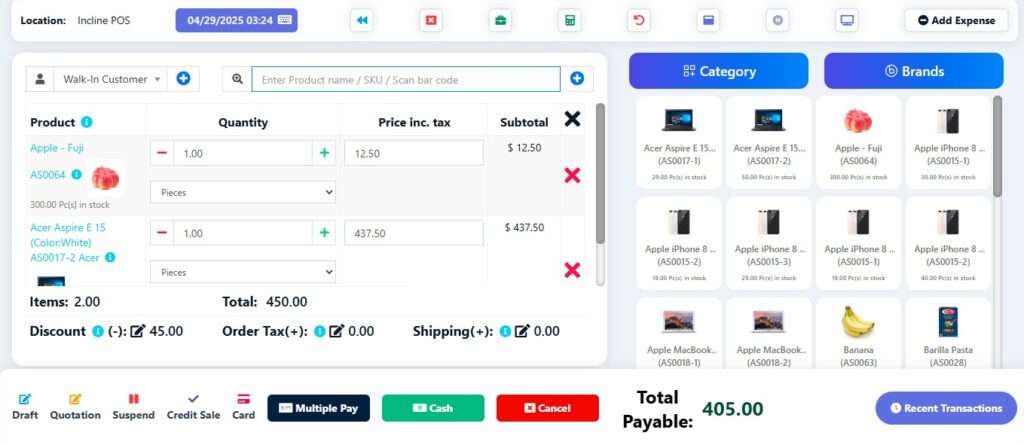 The INCLINE POS dashboard provides an overview of key metrics such as total sales, profits, and pending orders. It features quick access panels, recent transactions, and graphical charts to track sales trends and stock levels, enabling efficient retail and wholesale management.