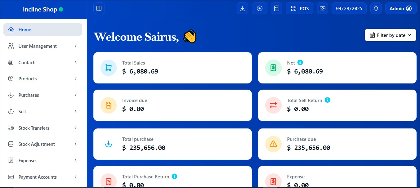 The POS dashboard provides an overview of key metrics such as total sales, profits, and pending orders. It features quick access panels, recent transactions, and graphical charts to track sales trends and stock levels, enabling efficient retail and wholesale management.
