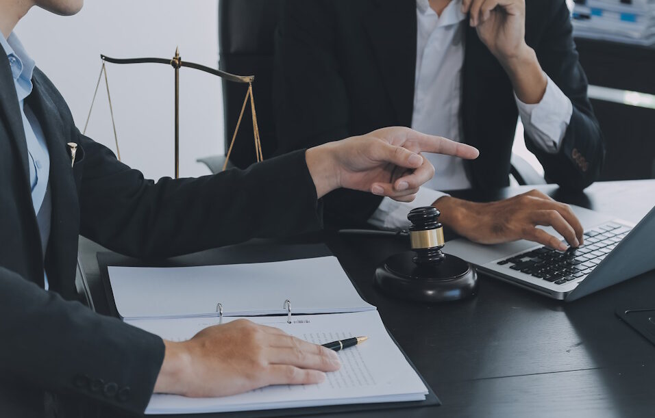 a labor lawyer consults with their client
