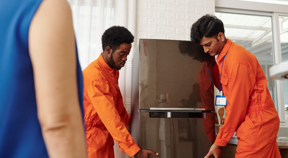 two men carrying a fridge