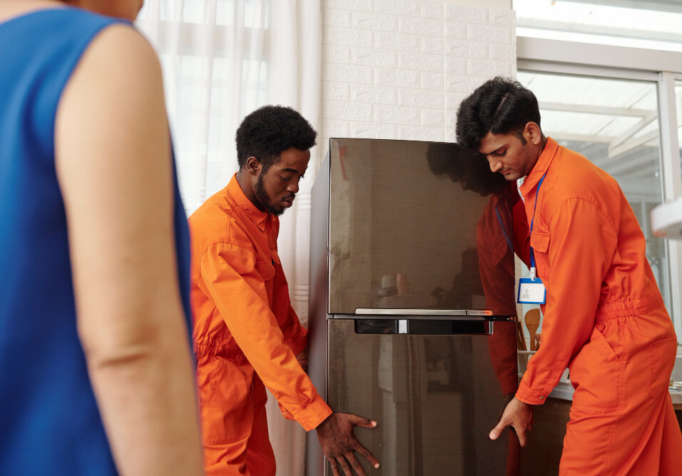 two men carrying a fridge