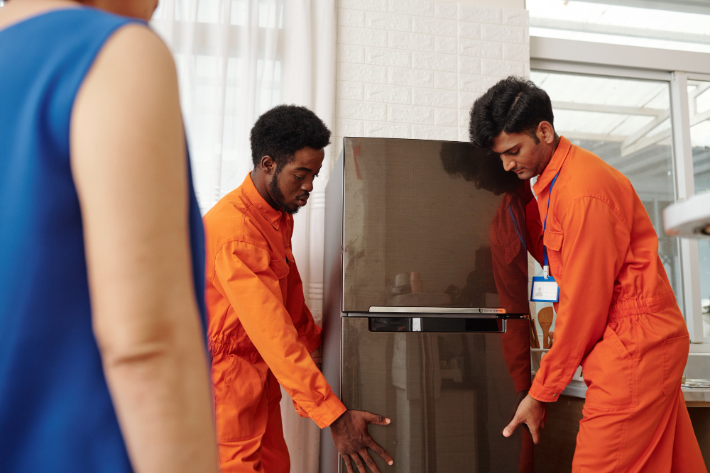 two men carrying a fridge